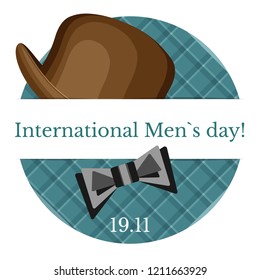 Vector illustration with bowler hat and bow tie on a round checkered background with a ribbon crossing.