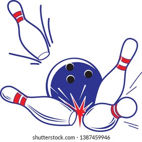 Vector illustration of bowling accessories. Bowling ball knocks down pins.
