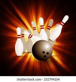 Vector illustration of a Bowling Ball crashing and skittles.