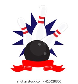 Vector illustration bowling ball crashing into the pins. Bowling logo. Bowling club