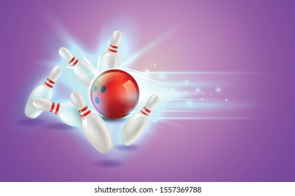 Vector Illustration Bowling Ball Hitting Pins With Magical And Shinny Effect.