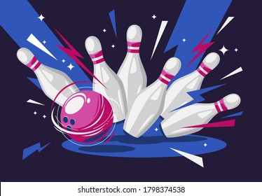 Vector illustration of a bowling ball and pins, a bowling strike, a flying bowling ball	