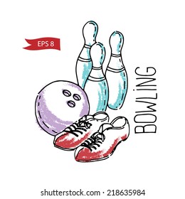 Vector illustration of bowling ball, pins and shoes