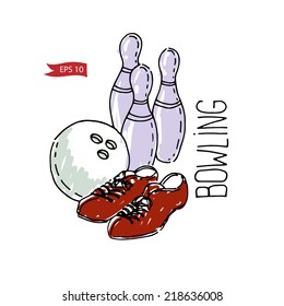 Vector illustration of bowling ball, pins and shoes