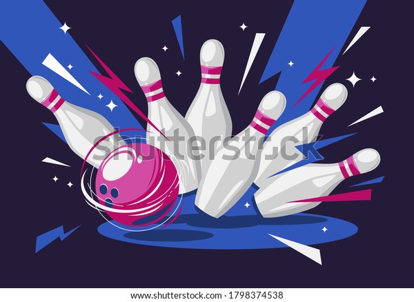 Vector illustration of a bowling ball and\
pins, a bowling strike, a flying bowling\
ball	