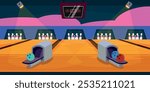 Vector illustration of a bowling club. Cartoon scene of a beautiful interior of a bowling alley, a game of hitting a ball in a pin, spotlights with a beam of light, a scoreboard with numbers.Leisure.