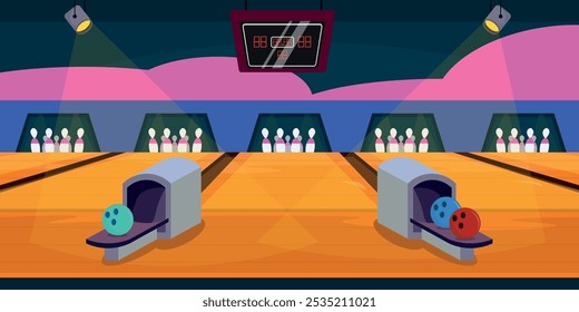 Vector illustration of a bowling club. Cartoon scene of a beautiful interior of a bowling alley, a game of hitting a ball in a pin, spotlights with a beam of light, a scoreboard with numbers.Leisure.