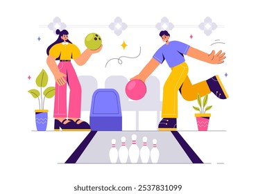 Vector illustration of a Bowling Game with People Throwing Balls, Featuring Pins, Ball, and Scoreboards in a Sport Club and Fun of a Bowling Match