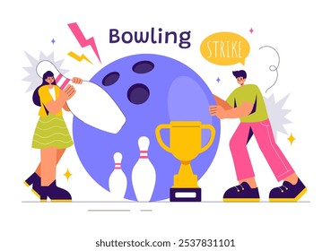 Vector illustration of a Bowling Game with People Throwing Balls, Featuring Pins, Ball, and Scoreboards in a Sport Club and Fun of a Bowling Match