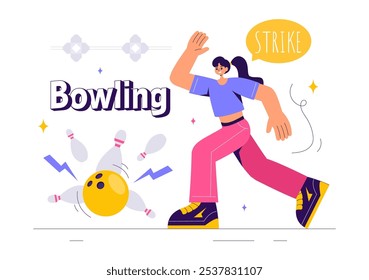 Vector illustration of a Bowling Game with People Throwing Balls, Featuring Pins, Ball, and Scoreboards in a Sport Club and Fun of a Bowling Match