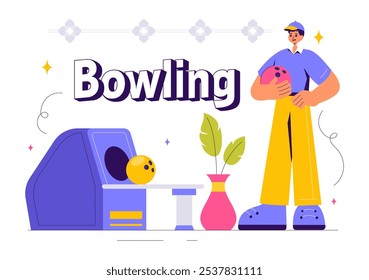 Vector illustration of a Bowling Game with People Throwing Balls, Featuring Pins, Ball, and Scoreboards in a Sport Club and Fun of a Bowling Match