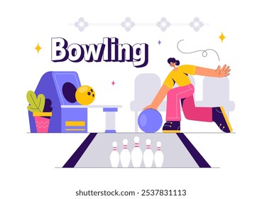 Vector illustration of a Bowling Game with People Throwing Balls, Featuring Pins, Ball, and Scoreboards in a Sport Club and Fun of a Bowling Match