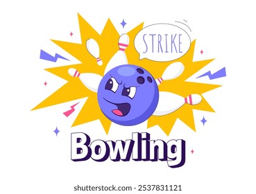 Vector illustration of a Bowling Game with People Throwing Balls, Featuring Pins, Ball, and Scoreboards in a Sport Club and Fun of a Bowling Match