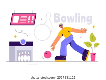 Vector illustration of a Bowling Game with People Throwing Balls, Featuring Pins, Ball, and Scoreboards in a Sport Club and Fun of a Bowling Match