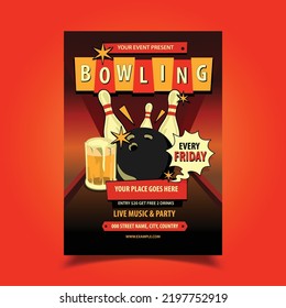 Vector Illustration of Bowling Night Flyer, Poster