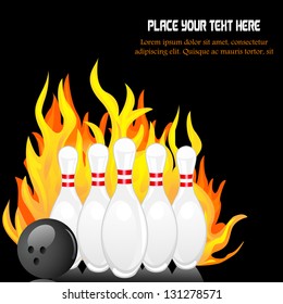 vector illustration of bowling pin with ball against fire background