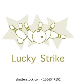 Vector illustration Bowling pins and ball, stars on white background. Bowling club Center Sports theme. Games, hobbies, entertainment. Lucky Strike Design for banner, poster or print.