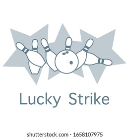 Vector illustration Bowling pins and ball, stars on white background. Bowling club Center Sports theme. Games, hobbies, entertainment. Lucky Strike Design for banner, poster or print.