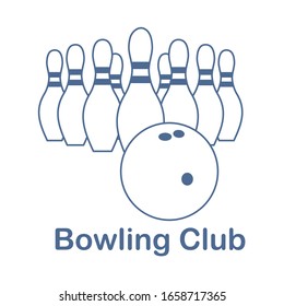 Vector illustration Bowling pins and ball on white background. Bowling club Sports theme. Games, hobbies, entertainment. Design for banner, poster or print.