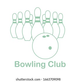 Vector illustration Bowling pins and ball on white background. Bowling club Sports theme. Games, hobbies, entertainment. Design for banner, poster or print.