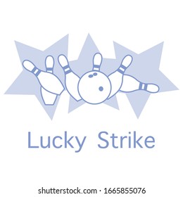 Vector illustration Bowling pins and ball, stars on white background. Bowling club Center Sports theme. Games, hobbies, entertainment. Lucky Strike Design for banner, poster or print.