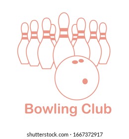 Vector illustration Bowling pins and ball on white background. Bowling club Sports theme. Games, hobbies, entertainment. Design for banner, poster or print.