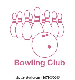 Vector illustration Bowling pins and ball on white background. Bowling club Sports theme. Games, hobbies, entertainment. Design for banner, poster or print.