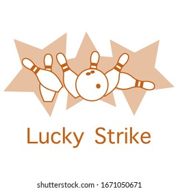 Vector illustration Bowling pins and ball, stars on white background. Bowling club Center Sports theme. Games, hobbies, entertainment. Lucky Strike Design for banner, poster or print.