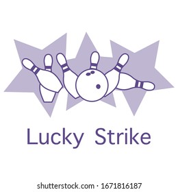 Vector illustration Bowling pins and ball, stars on white background. Bowling club Center Sports theme. Games, hobbies, entertainment. Lucky Strike Design for banner, poster or print.