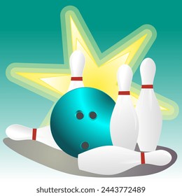 Vector illustration of bowling pins and ball in blue gradient with stars background