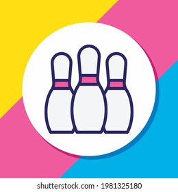 Vector illustration of bowling pins icon colored line. Beautiful fitness element also can be used as skittles icon element.