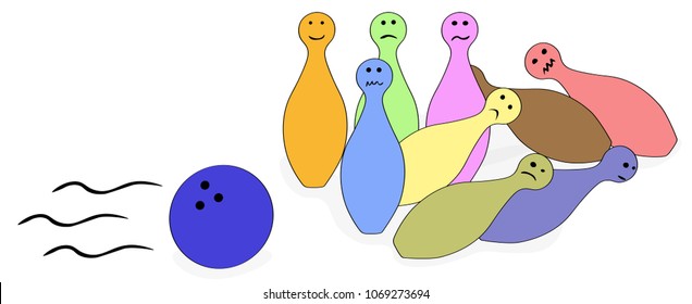 Vector Illustration Bowling pins are scared of the bowling ball, funny concept of the game