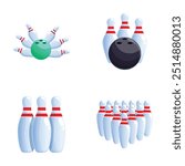 Vector illustration of a bowling set with pins, balls, and equipment on a clean, modern, isolated white background, perfect for leisure, sport, game, and recreational activities