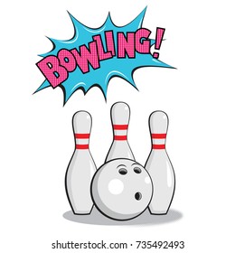 Vector illustration of bowling skittle and bowling ball, isolated on white background. Flat style.