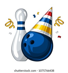 Vector illustration of bowling skittle and blue bowling ball in colored party hat, isolated on white background. Party shiny hat with colored strips. Bowling happy birthday party 1.1