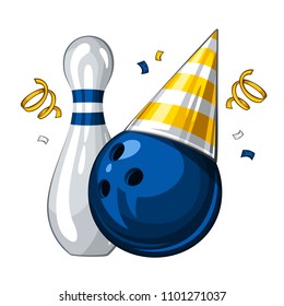 Vector illustration of bowling skittle and blue bowling ball in golden party hat, isolated on white background. Party shiny hat with strips. Bowling happy birthday party 1.1