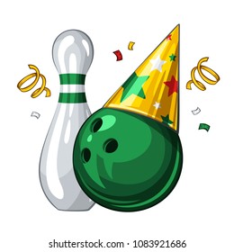 Vector illustration of bowling skittle and green bowling ball in party hat, isolated on white background. Party shiny hat with colored stars. Bowling happy birthday party 1.1