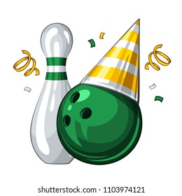 Vector illustration of bowling skittle and green bowling ball in golden party hat, isolated on white background. Party shiny hat with strips. Bowling happy birthday party 1.1