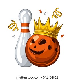 Vector illustration of bowling skittle and halloween blue bowling ball with face in golden crown, isolated on white background. Halloween. Winner. Champion 1.1