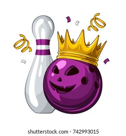 Vector illustration of bowling skittle and halloween purple bowling ball with face in golden crown, isolated on white background. Halloween. Winner. Champion 1.1