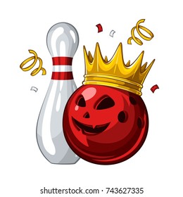 Vector illustration of bowling skittle and halloween red bowling ball with face in golden crown, isolated on white background. Halloween. Winner. Champion 1.1 