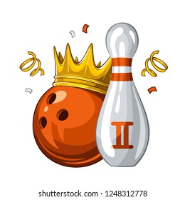 Vector illustration of bowling skittle and orange bowling ball in golden crown, isolated on white background. Bowling award for 2st place. Champion 1.1 