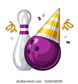 Vector illustration of bowling skittle and purple bowling ball in golden party hat, isolated on white background. Party shiny hat with strips. Bowling happy birthday party 1.1