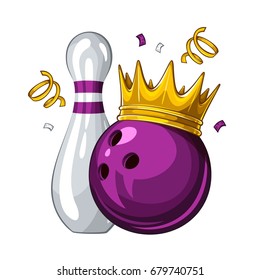 Vector illustration of bowling skittle and purple bowling ball in golden crown, isolated on white background. Winner. Champion 1.1