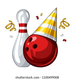 Vector illustration of bowling skittle and red bowling ball in golden party hat, isolated on white background. Party shiny hat with strips. Bowling happy birthday party 1.1
