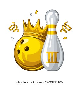 Vector illustration of bowling skittle and yellow bowling ball in golden crown, isolated on white background. Bowling award for 3st place. Champion 1.1 