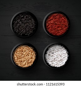 Vector illustration of bowls with different varieties of rice grains red, brown, wild and white or for sushi isolated on wood background, top view