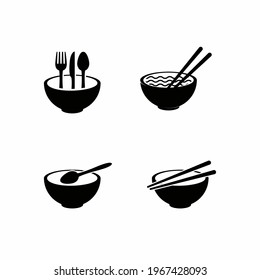 Vector illustration of bowls, spoons, cutlery, knives, chopsticks for soup food menu icons and symbols in restaurants, canteens, cafes and other eating places