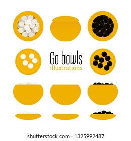 Vector illustration of bowls with stones in flat style. Go board game equipment. Template for presentation baduk positions. Weiqi, igo poster.