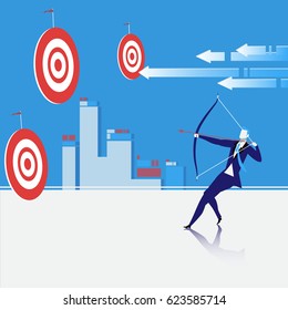 Vector illustration of bowman shooting an arrow. Businessman sighting the bow at center of target. Business goal concept design element.